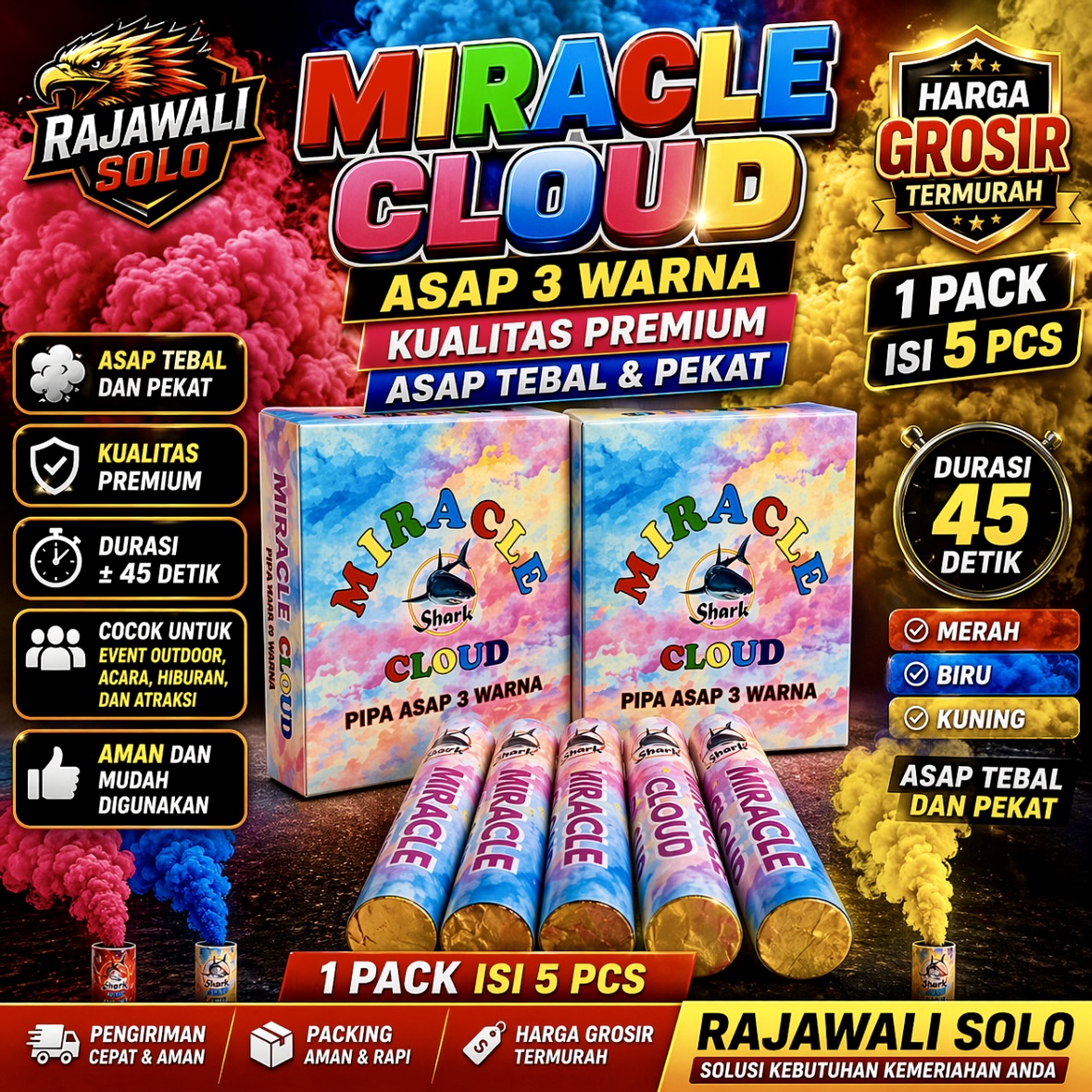 MIRACLE CLOUD - ASAP 3 WARNA - 45 DETIK ( 1 PACK ISI 5 BATANG )