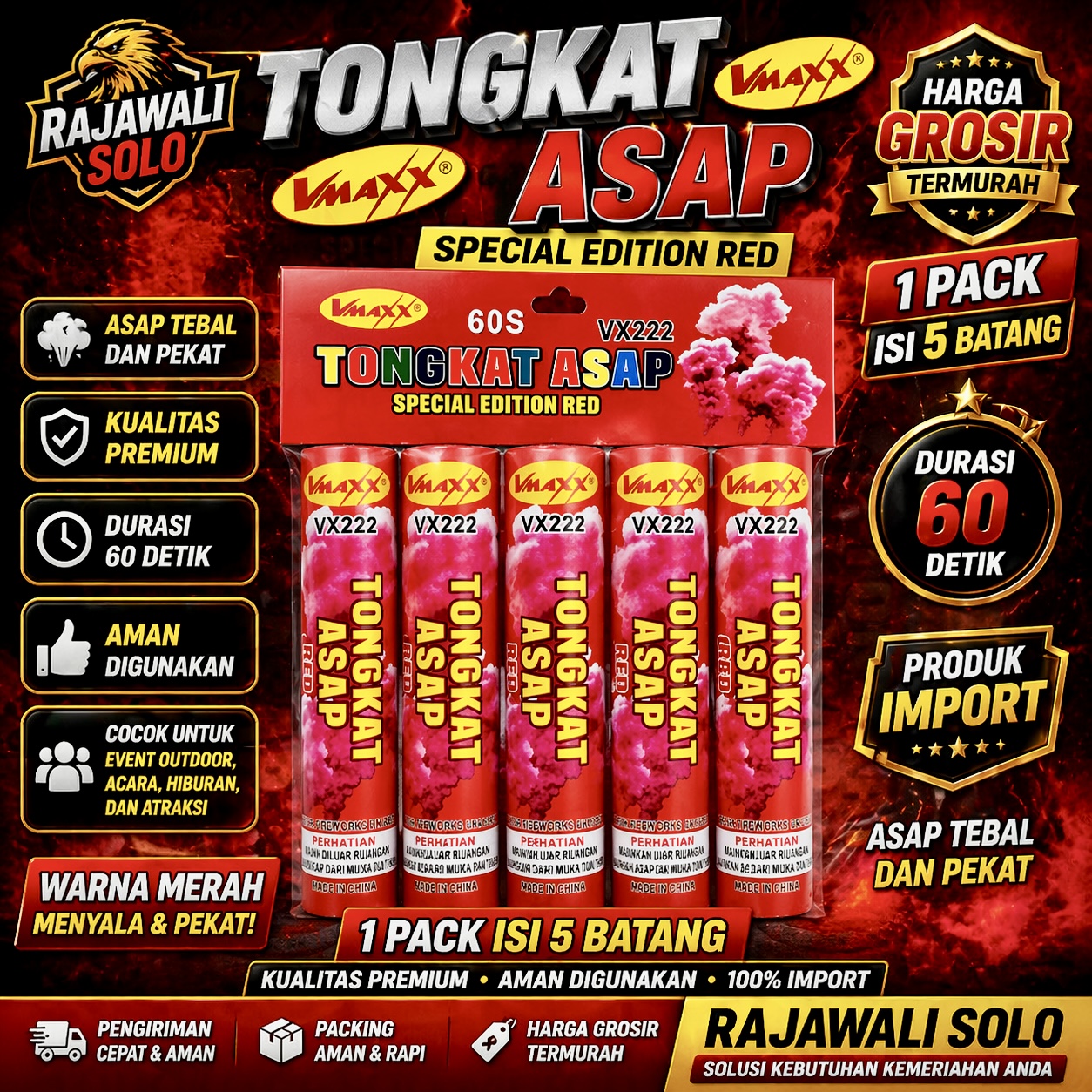 Tongkat Asap VMAXX WARNA MERAH - 1 PACK ISI 5 PCS DURASI 60 DETIK